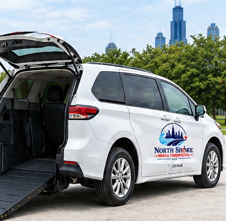 North Shore Medical Transportation wheelchair-accessible van with rear ramp deployed